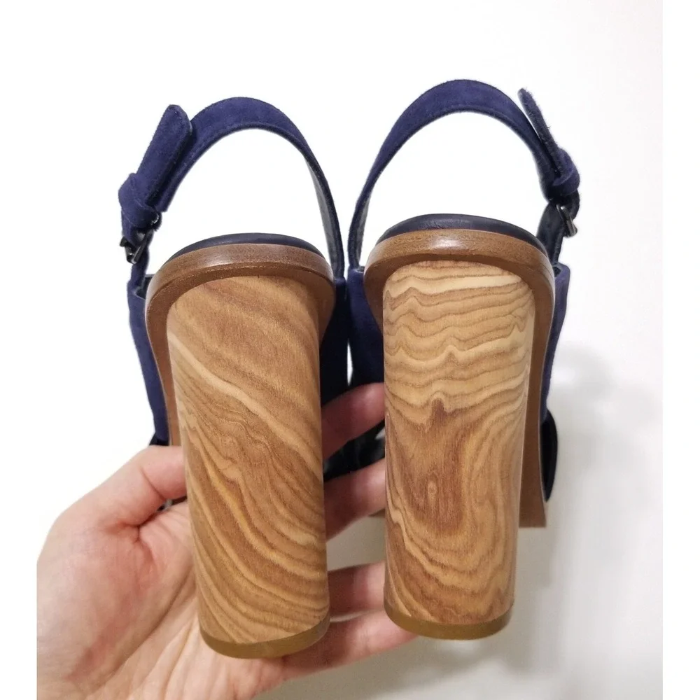 Vince Helena Suede Slingback Wooden Block Heel Sandals Indigo Blue NIB 6.5 7